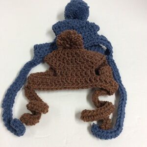 Handmade Crochet Set of 2 Dog Beanies Blue/Brown